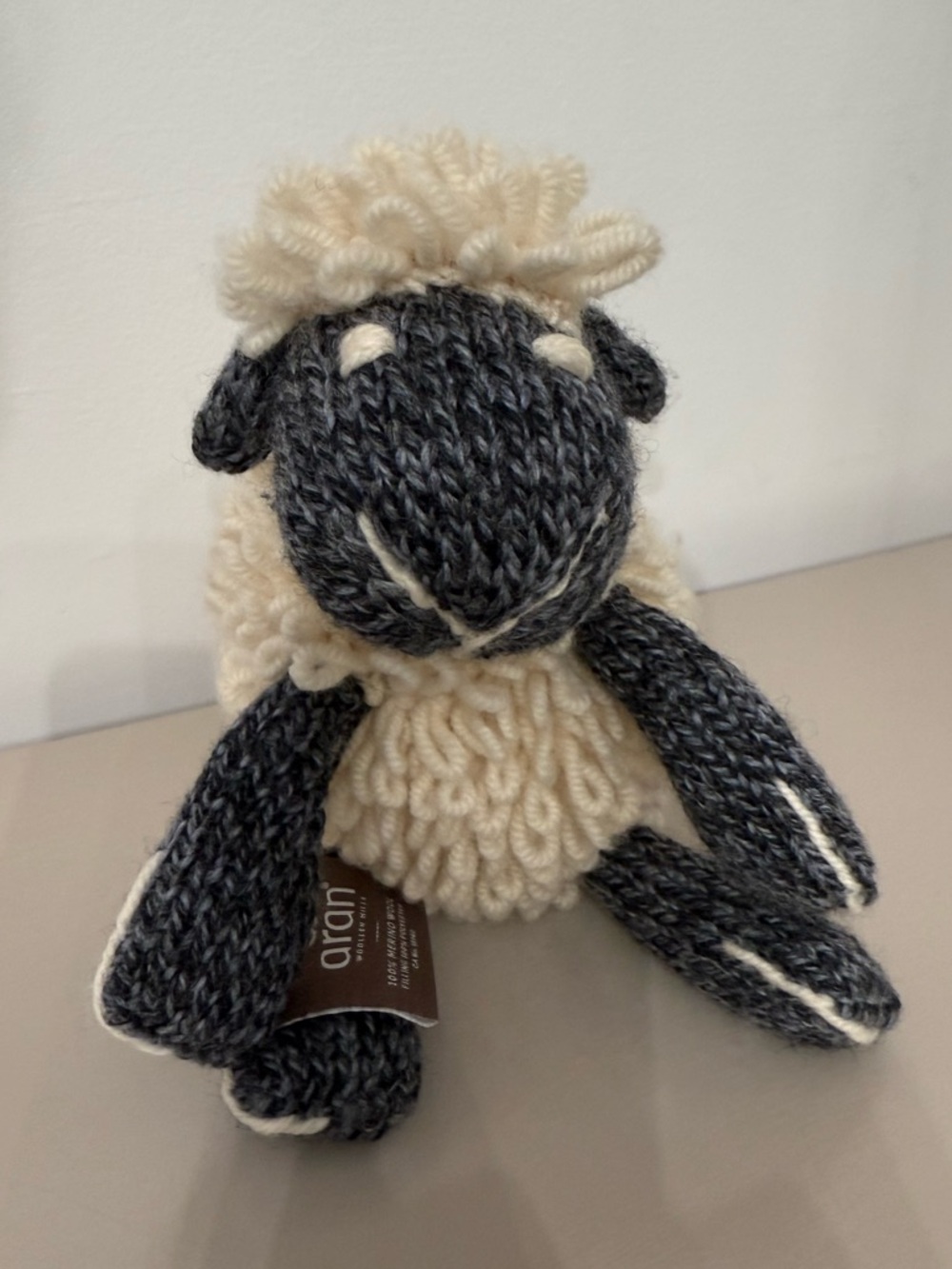 Aran Wool Hand Knit Sheep Plush in Charcoal & Cream